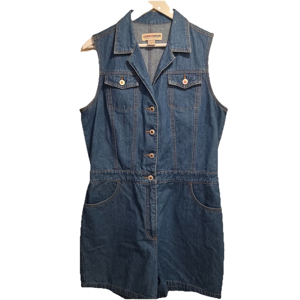 London Jean Woman's Denim Romper 14 Vtg Button Up Pockets Summer Festival 90s